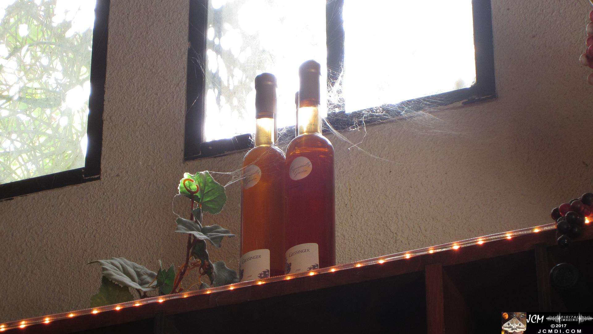 Artistic back-lit wine bottles in window sill with spiderwebs